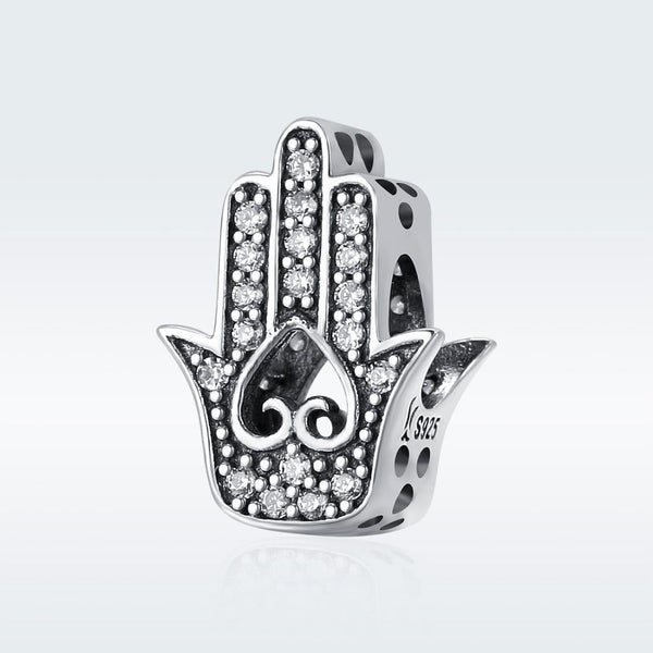 Hand Of Fatima Sterling Silver Zircon CZ Bead Charm Pendant Bracelet Necklace