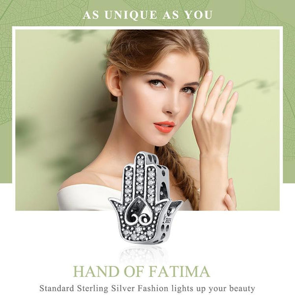 Hand Of Fatima Sterling Silver Zircon CZ Bead Charm Pendant Bracelet Necklace
