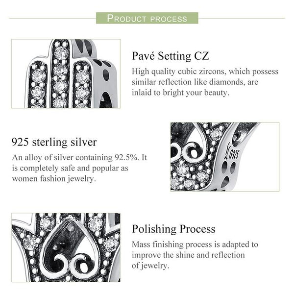 Hand Of Fatima Sterling Silver Zircon CZ Bead Charm Pendant Bracelet Necklace