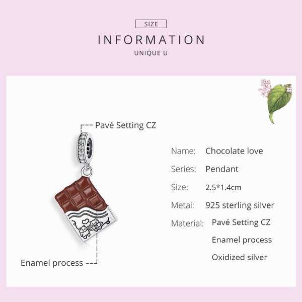 Chocolate Love Enamel Sterling Silver CZ Bead Charm Pendant Bracelet Necklace