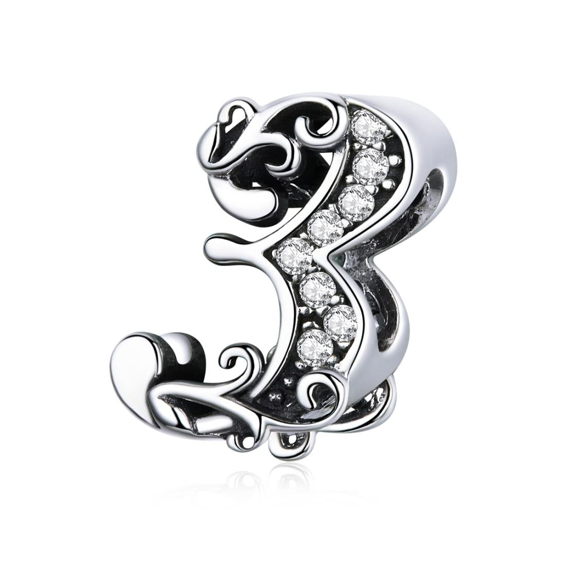 3 Number Numeral Sterling Silver Crystal Zircon CZ Bead Charm Bracelet Necklace