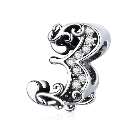 3 Number Numeral Sterling Silver Crystal Zircon CZ Bead Charm Bracelet Necklace
