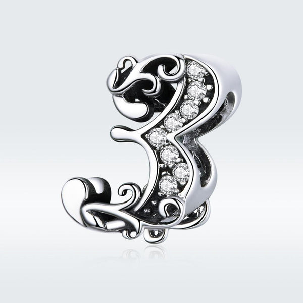 3 Number Numeral Sterling Silver Crystal Zircon CZ Bead Charm Bracelet Necklace