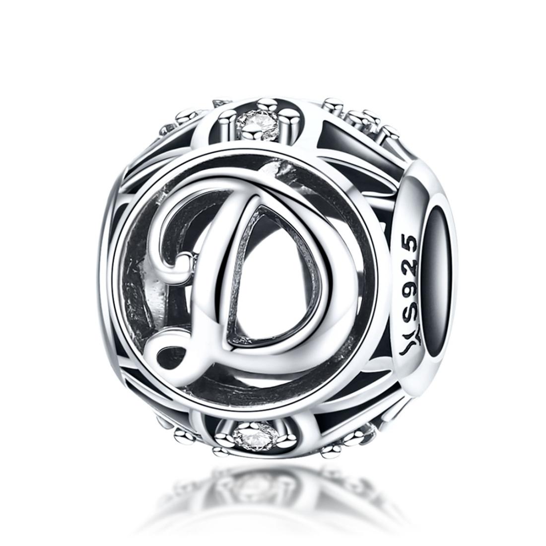 D Initial Letter Sterling Silver Zircon CZ Bead Charm Bracelet Necklace