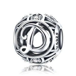 D Initial Letter Sterling Silver Zircon CZ Bead Charm Bracelet Necklace