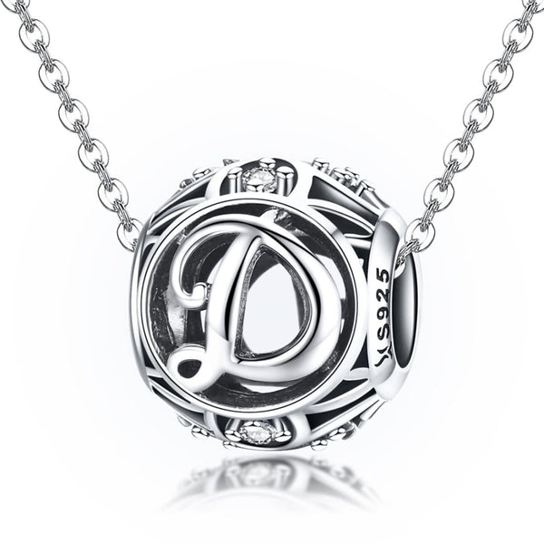 D Initial Letter Sterling Silver Zircon CZ Bead Charm Bracelet Necklace