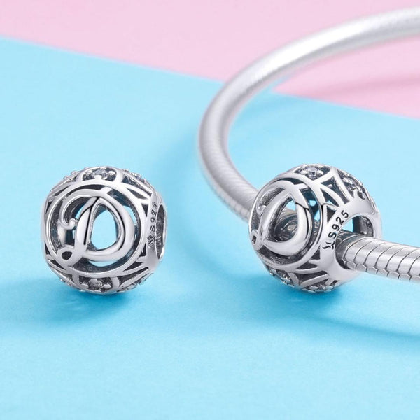 D Initial Letter Sterling Silver Zircon CZ Bead Charm Bracelet Necklace