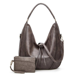 2 Pce Faux PU Leather Bucket Slouch Underarm Shoulder Bag handbag Purse Grey