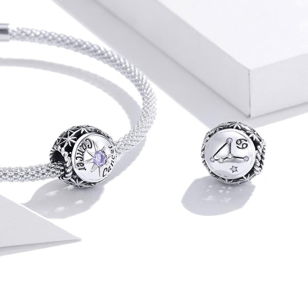 Cancer Zodiac Sterling Silver Zircon CZ Bead Charm Bracelet Necklace