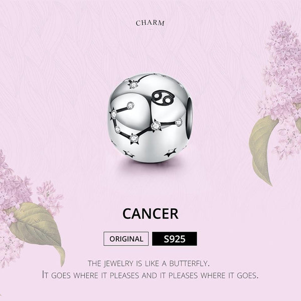 Cancer Zodiac Constellation Sterling Silver Zircon CZ Bead Charm Bracelet Necklace