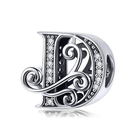 Initial Letter Gothic Victorian Sterling Silver Zircon CZ Bead Charm Bracelet D
