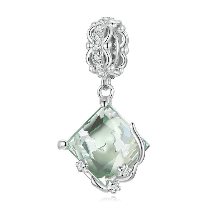 Pale Green Glass Flowers Sterling Silver Ziron CZ Bead Charm Bracelet Necklace
