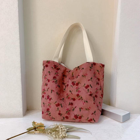 Large Capacity Corduroy Tote Shopper Bag Handbag Floral Design Red Rose