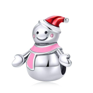 Pink Mrs Snowman Enamel Sterling Silver Bead Charm Bracelet Necklace