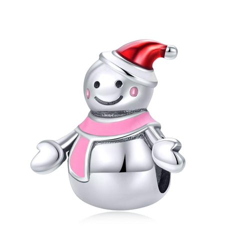 Pink Mrs Snowman Enamel Sterling Silver Bead Charm Bracelet Necklace