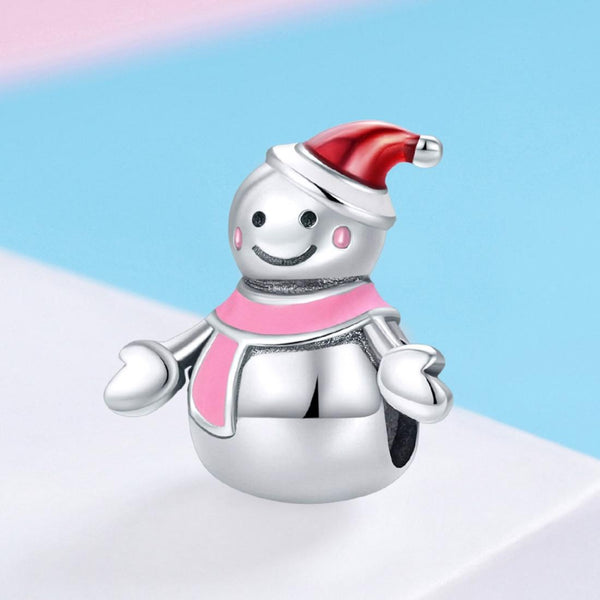 Pink Mrs Snowman Enamel Sterling Silver Bead Charm Bracelet Necklace
