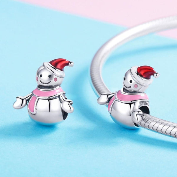 Pink Mrs Snowman Enamel Sterling Silver Bead Charm Bracelet Necklace