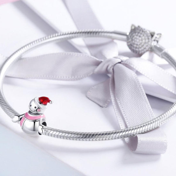 Pink Mrs Snowman Enamel Sterling Silver Bead Charm Bracelet Necklace