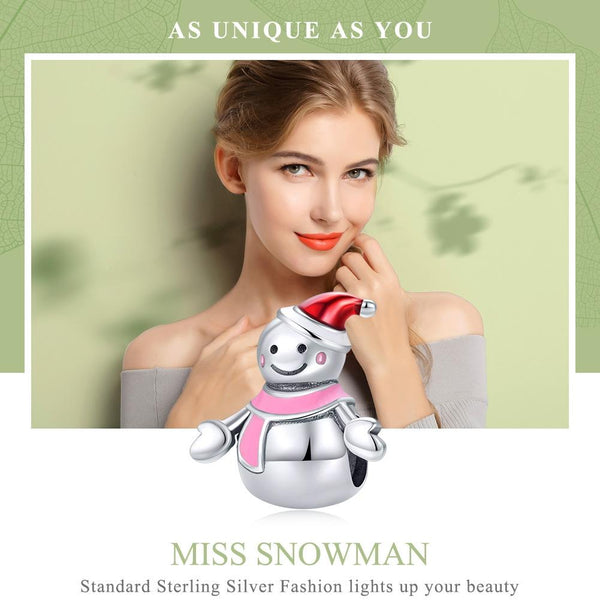 Pink Mrs Snowman Enamel Sterling Silver Bead Charm Bracelet Necklace