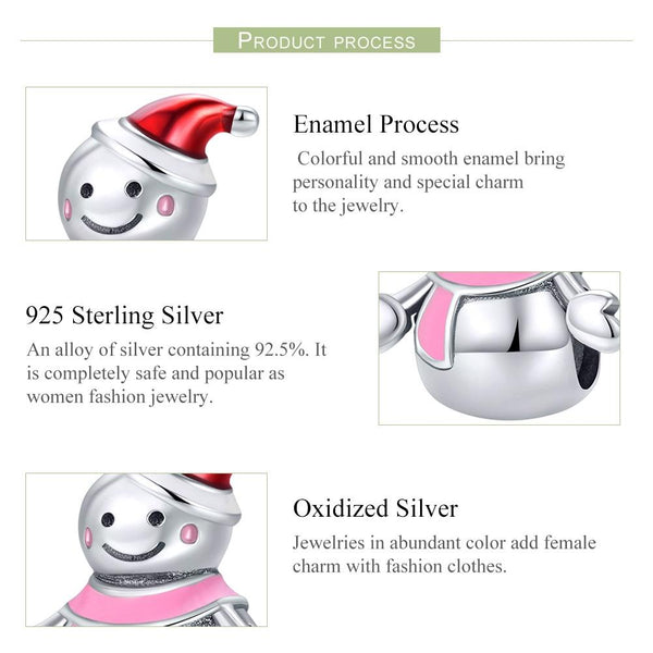 Pink Mrs Snowman Enamel Sterling Silver Bead Charm Bracelet Necklace