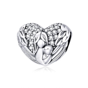 Motherly Love Heart Wings Sterling Silver Zircon CZ Bead Charm Bracelet Necklace