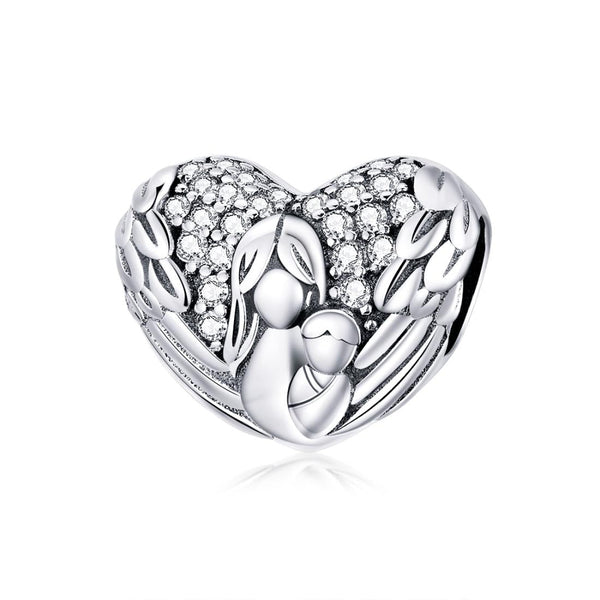 Motherly Love Heart Wings Sterling Silver Zircon CZ Bead Charm Bracelet Necklace