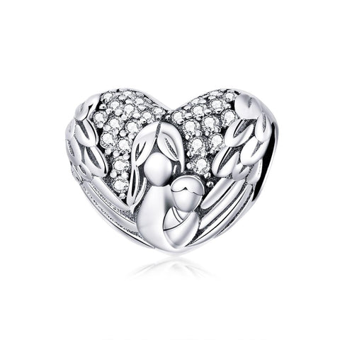 Motherly Love Heart Wings Sterling Silver Zircon CZ Bead Charm Bracelet Necklace