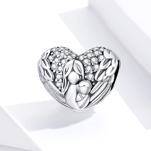 Motherly Love Heart Wings Sterling Silver Zircon CZ Bead Charm Bracelet Necklace