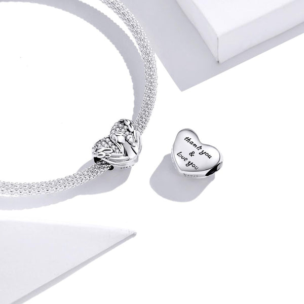 Motherly Love Heart Wings Sterling Silver Zircon CZ Bead Charm Bracelet Necklace