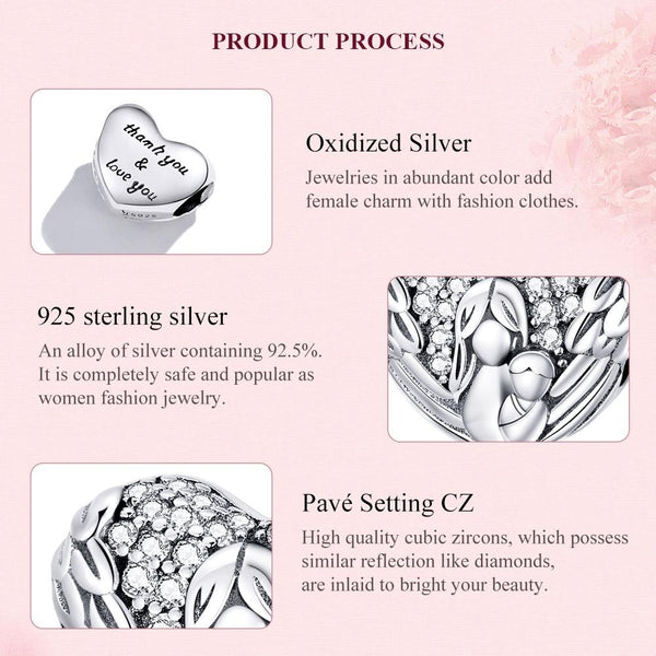 Motherly Love Heart Wings Sterling Silver Zircon CZ Bead Charm Bracelet Necklace