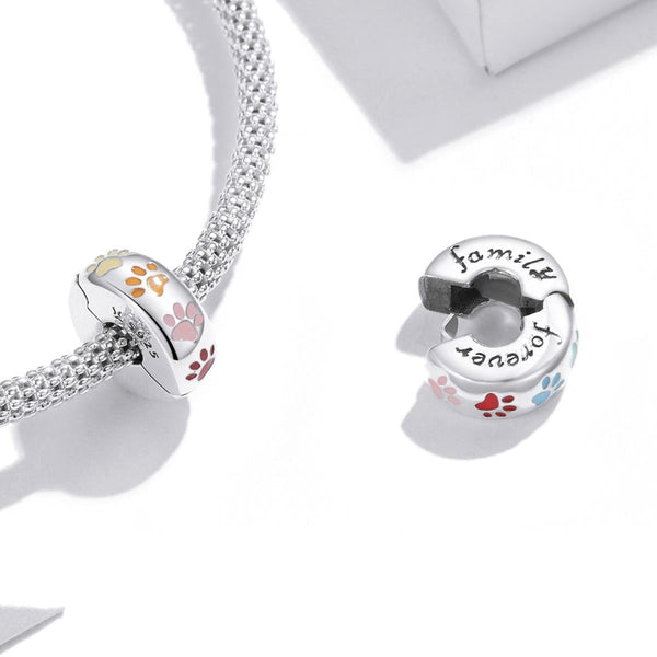 Forever Family Paw Prints Cat Dog Enamel Sterling Silver Bead Charm Bracelet Necklace