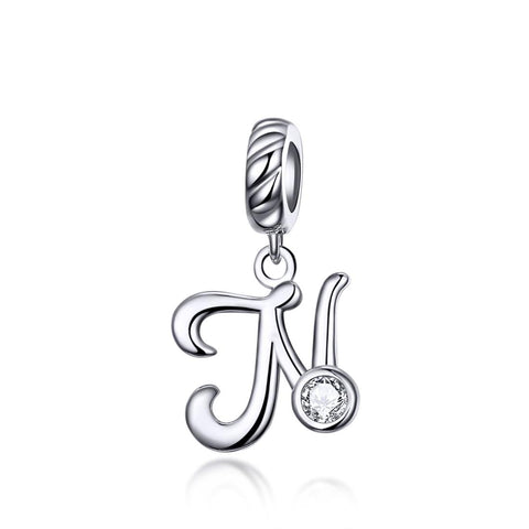 N Letter Initial Platinum Plated Sterling Silver Crystal Zircon Charm Bracelet Necklace