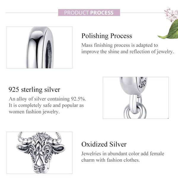 Taurus Bulls Head Sterling Silver Bead Charm Pendant Bracelet Necklace