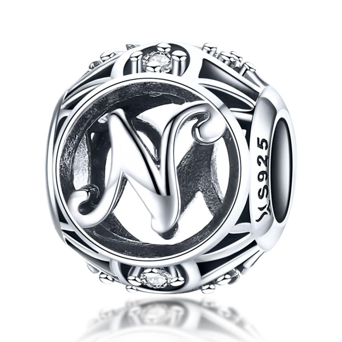 N Initial Letter Sterling Silver Zircon CZ Bead Charm Bracelet Necklace