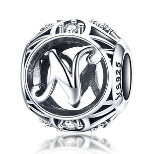 N Initial Letter Sterling Silver Zircon CZ Bead Charm Bracelet Necklace