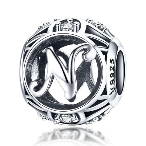 N Initial Letter Sterling Silver Zircon CZ Bead Charm Bracelet Necklace
