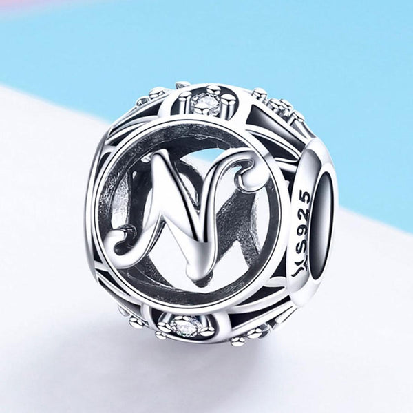 N Initial Letter Sterling Silver Zircon CZ Bead Charm Bracelet Necklace