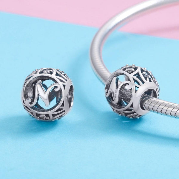 N Initial Letter Sterling Silver Zircon CZ Bead Charm Bracelet Necklace