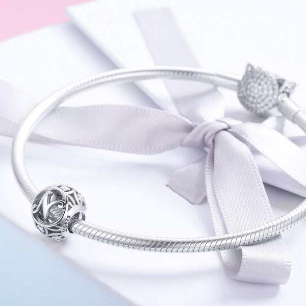 N Initial Letter Sterling Silver Zircon CZ Bead Charm Bracelet Necklace