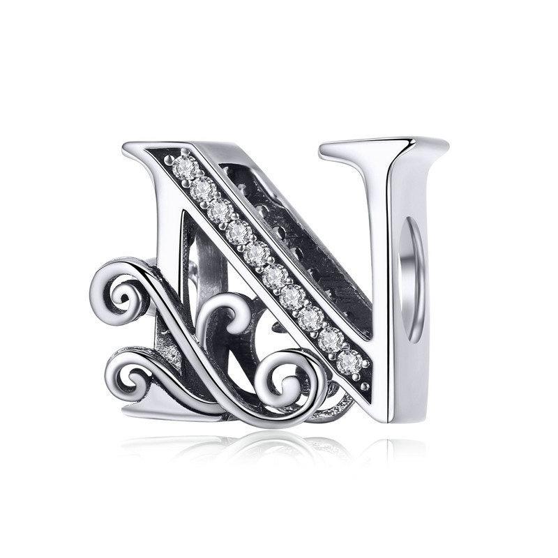 Initial Letter Gothic Victorian Sterling Silver Zircon CZ Bead Charm Bracelet N