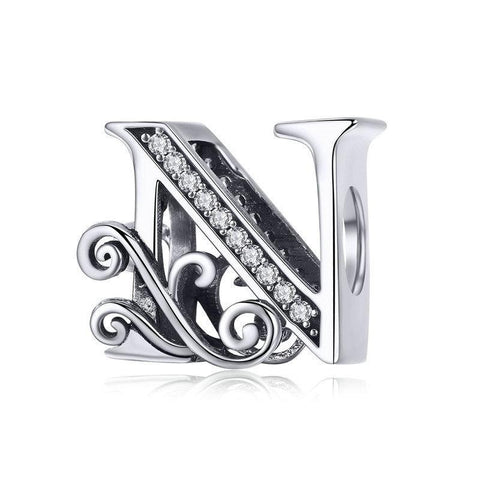 Initial Letter Gothic Victorian Sterling Silver Zircon CZ Bead Charm Bracelet N