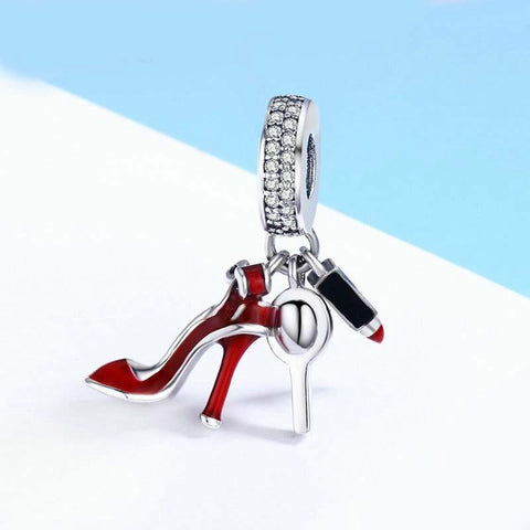 Red Stiletto Lipstick Mirror Enamel Sterling Silver Zircon CZ Bead Charm Bracelet Necklace
