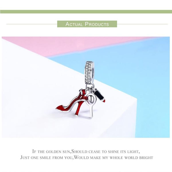 Red Stiletto Lipstick Mirror Enamel Sterling Silver Zircon CZ Bead Charm Bracelet Necklace