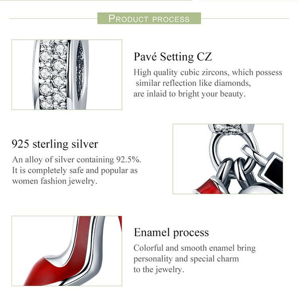 Red Stiletto Lipstick Mirror Enamel Sterling Silver Zircon CZ Bead Charm Bracelet Necklace