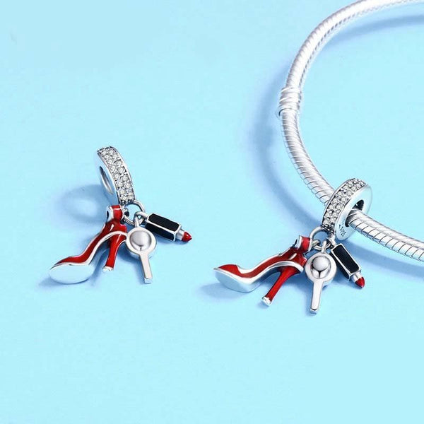 Red Stiletto Lipstick Mirror Enamel Sterling Silver Zircon CZ Bead Charm Bracelet Necklace