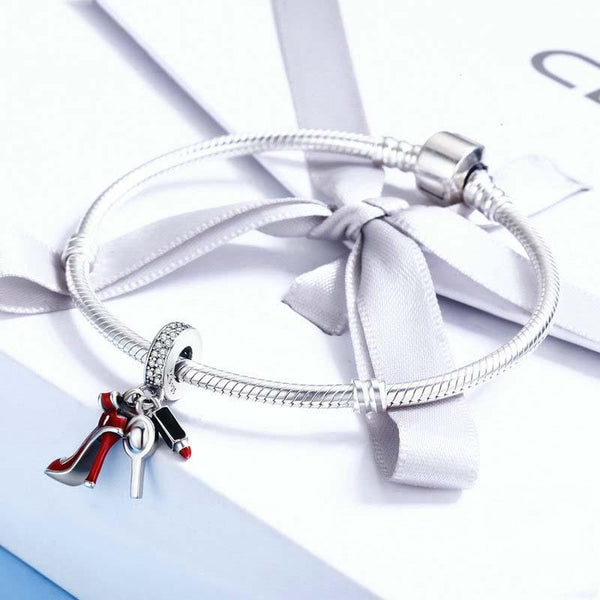 Red Stiletto Lipstick Mirror Enamel Sterling Silver Zircon CZ Bead Charm Bracelet Necklace