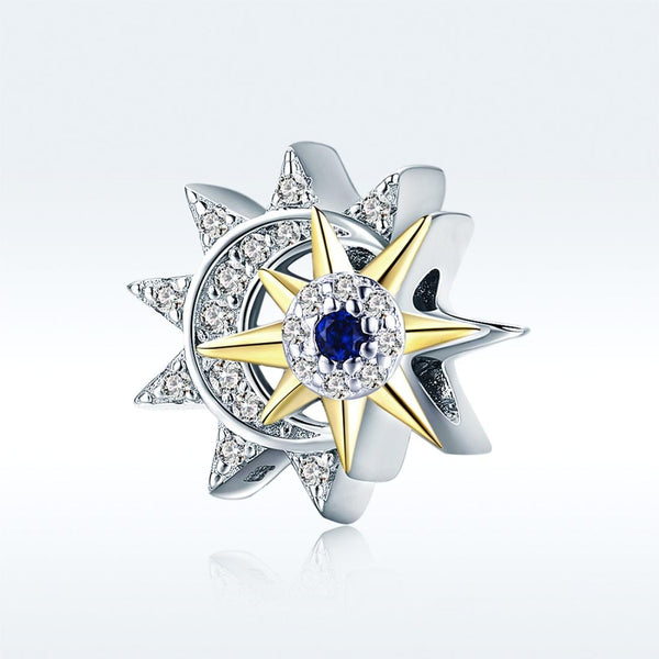 Sun And Moon Sterling Silver Zircon CZ Bead Charm Pendant Bracelet Necklace