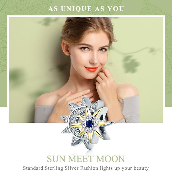 Sun And Moon Sterling Silver Zircon CZ Bead Charm Pendant Bracelet Necklace