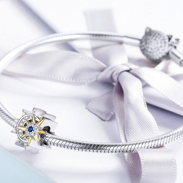 Sun And Moon Sterling Silver Zircon CZ Bead Charm Pendant Bracelet Necklace