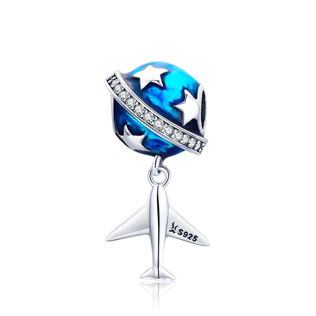 Airplane Stars Travel Dream Enamel Sterling Silver CZ Bead Charm Bracelet Necklace